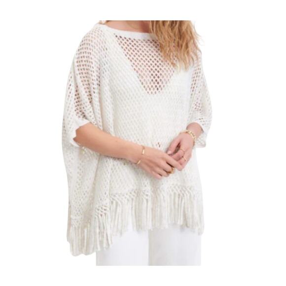 MerSea MER-SEA Cotton Beach Fringed Crochet Poncho Off-White Coastal Beach OS - Picture 4 of 14
